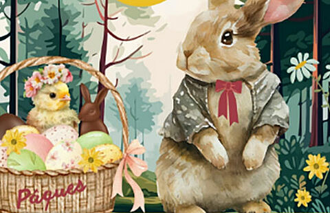 Affiche d'un lapin et son panier avec des oeufs à l'intérieur