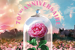 Affiche représentant des rosiers dans un champ pour le 70ème anniversaire