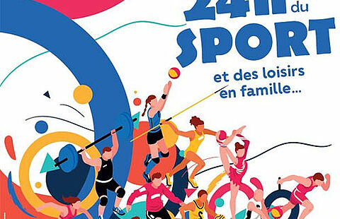 Affiche dessinée des 24 heures du sport et des loisirs en famille représentant représentant des personnes daisant du tennis, danse, course,saut...