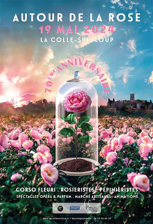 Affiche représentant des rosiers dans un champ pour le 70ème anniversaire
