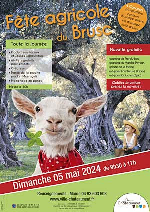Affiche de la fête agricole du Brusc le dimanche 5 mai représentant une chêvre au milieu d'oliviers 